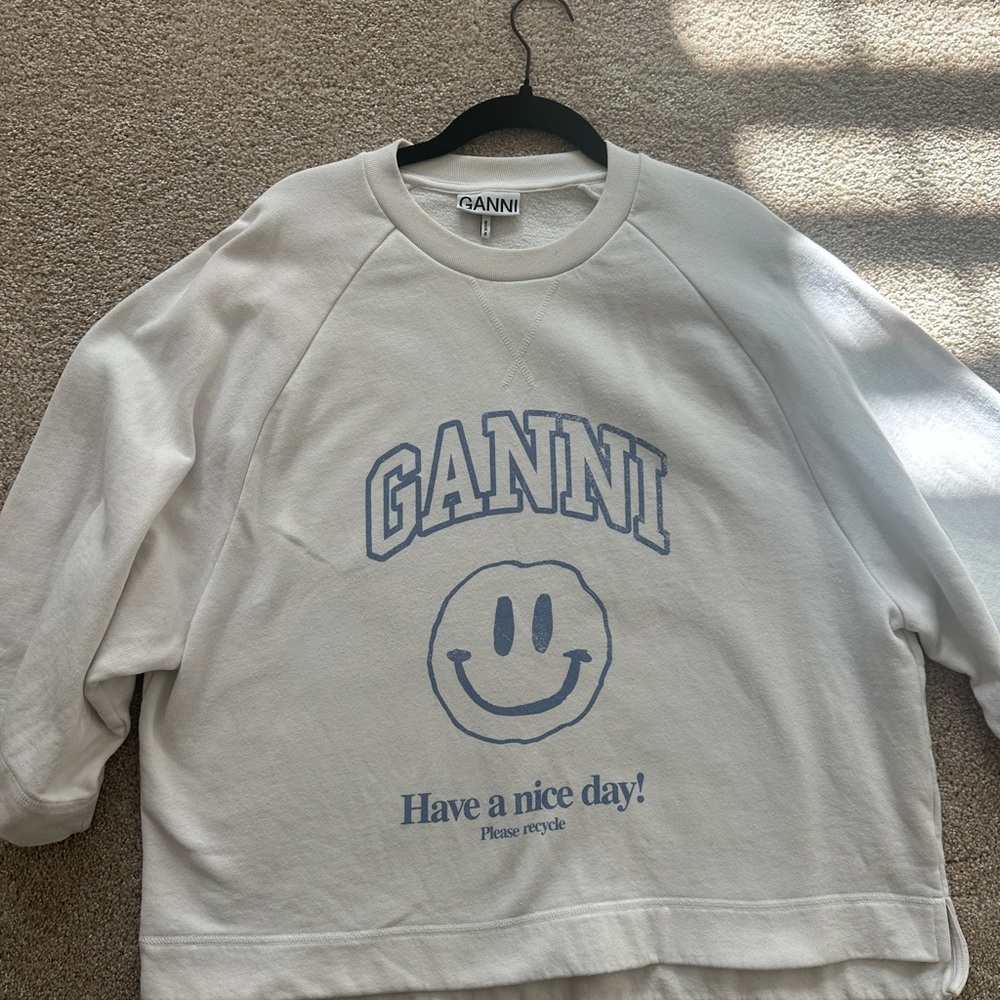 Ganni Cream Crewneck Sweater with Blue Smiley Graphic - Picture 5 of 5